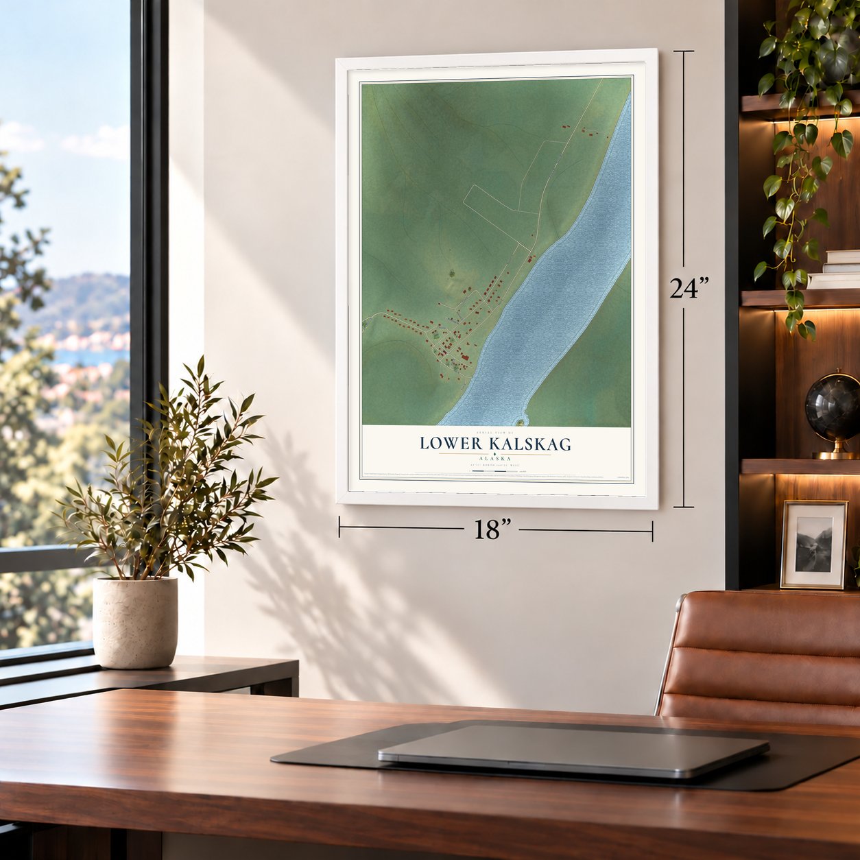 Lower Kalskag, Alaska map, 18 x 24 inch print in a white frame in a home office