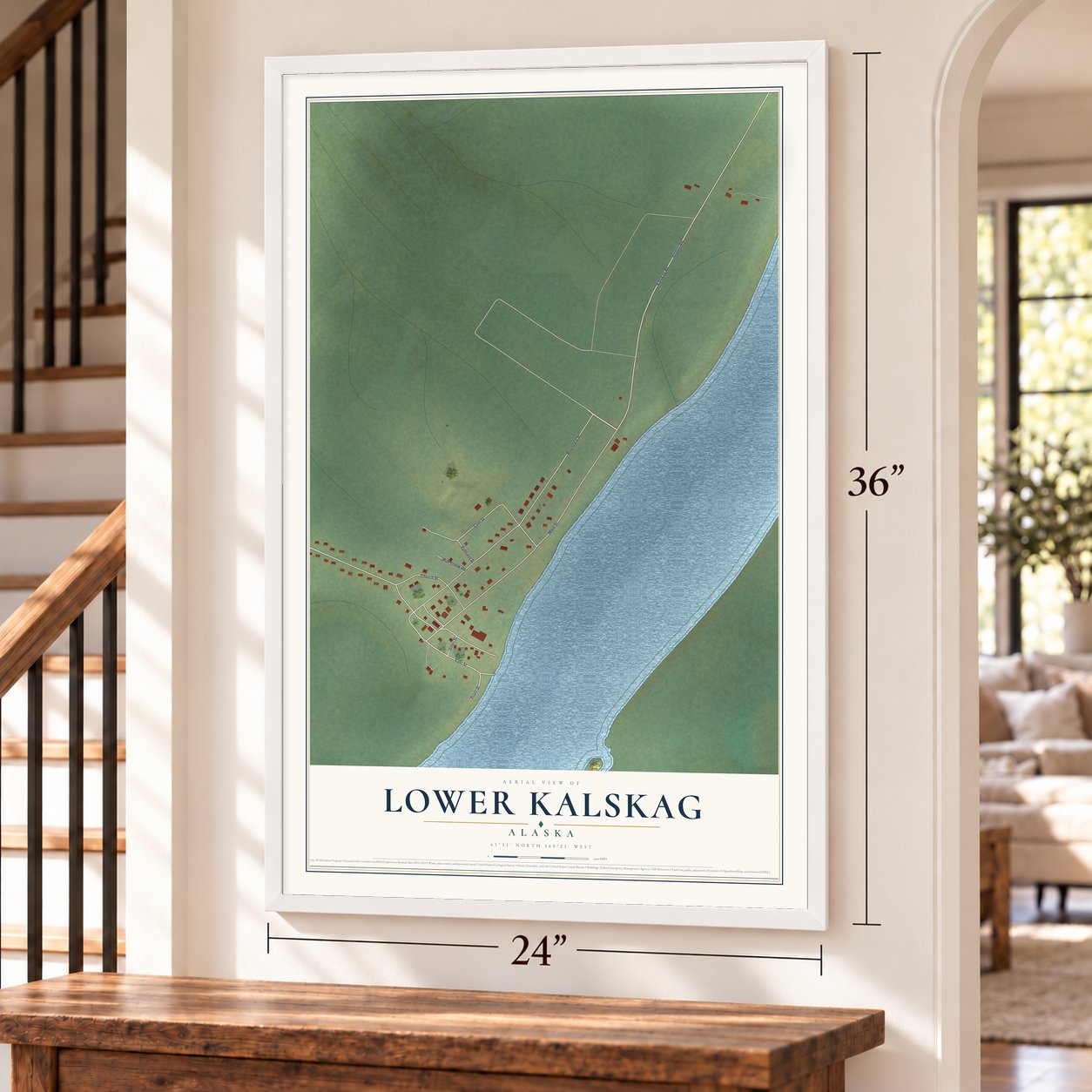 Lower Kalskag, Alaska map, 24 x 36 inch print in a white frame by a staircase