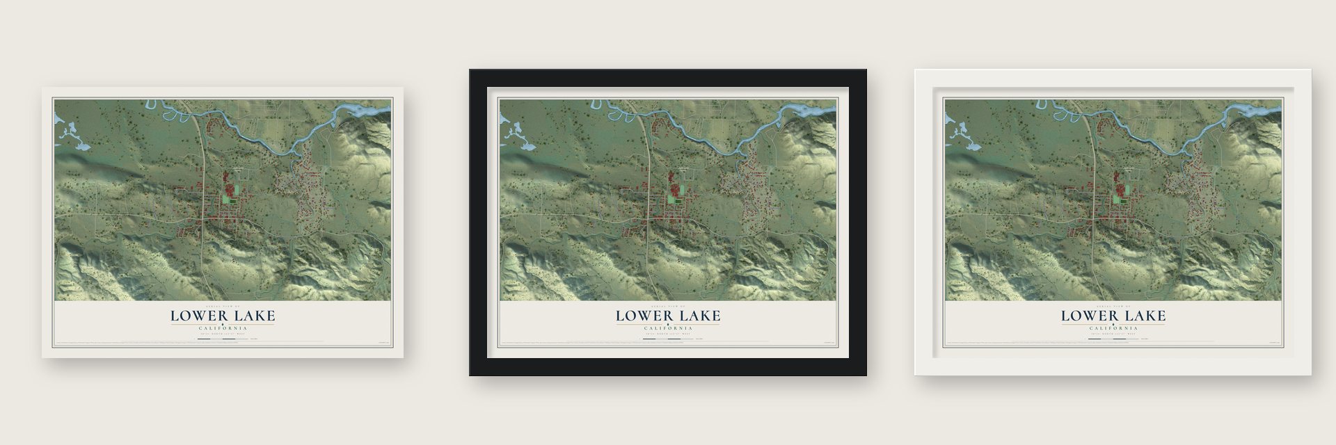 Lower Lake, California map unframed, in a black wood frame and in a white wood frame