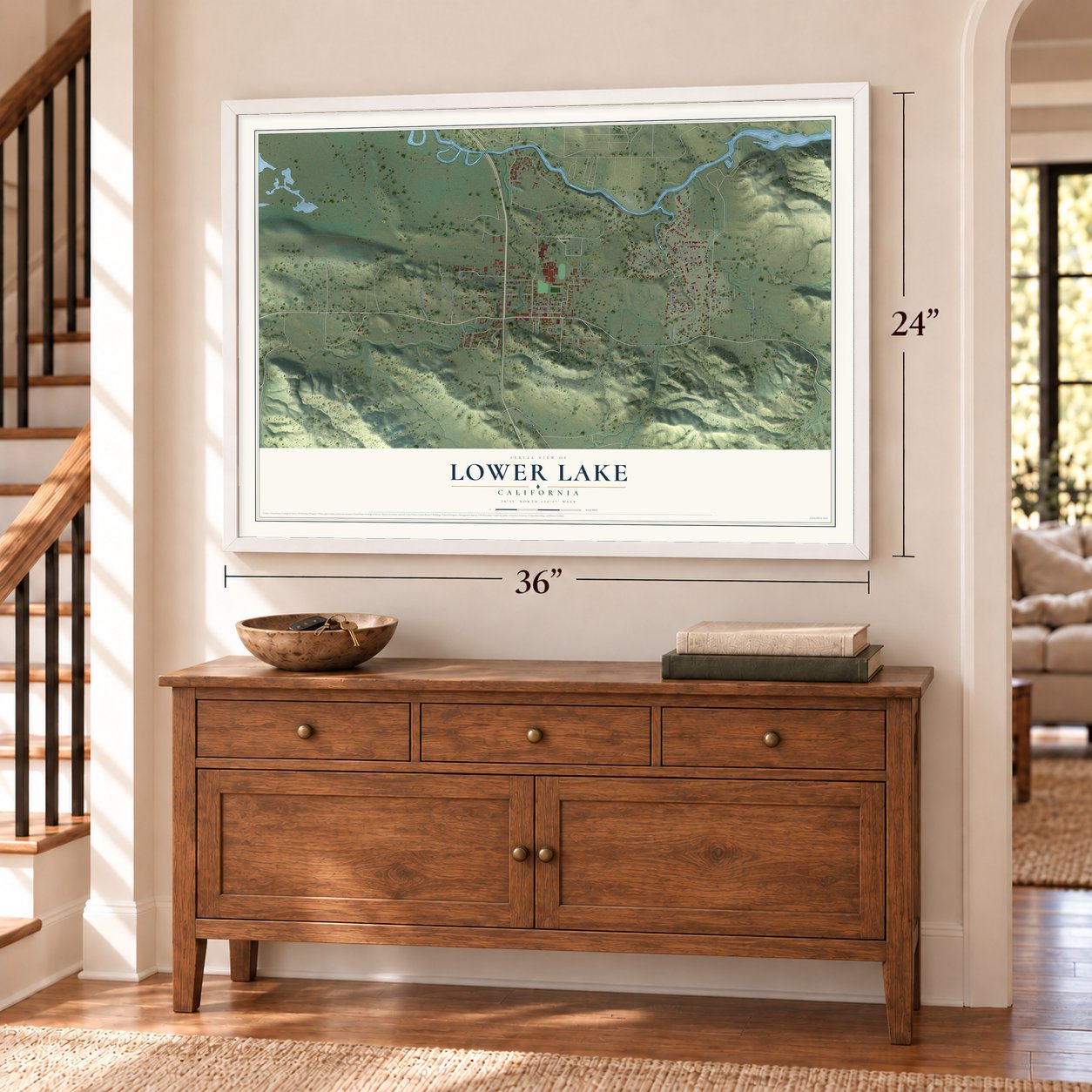 Lower Lake, California map, 24 x 36 inch print in a white frame above a dresser by a staircase