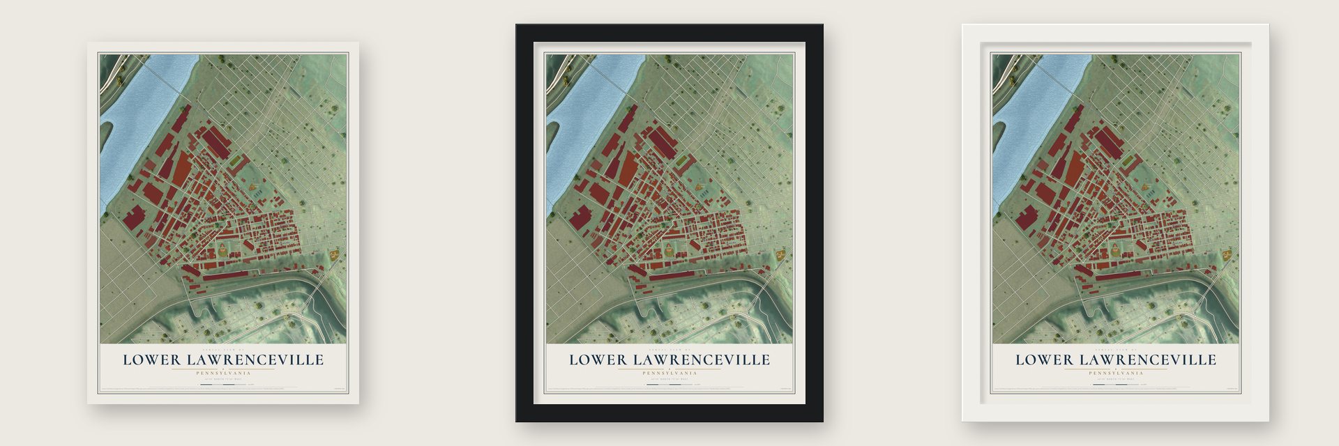 Lower Lawrenceville, Pennsylvania map unframed, in a black wood frame and in a white wood frame