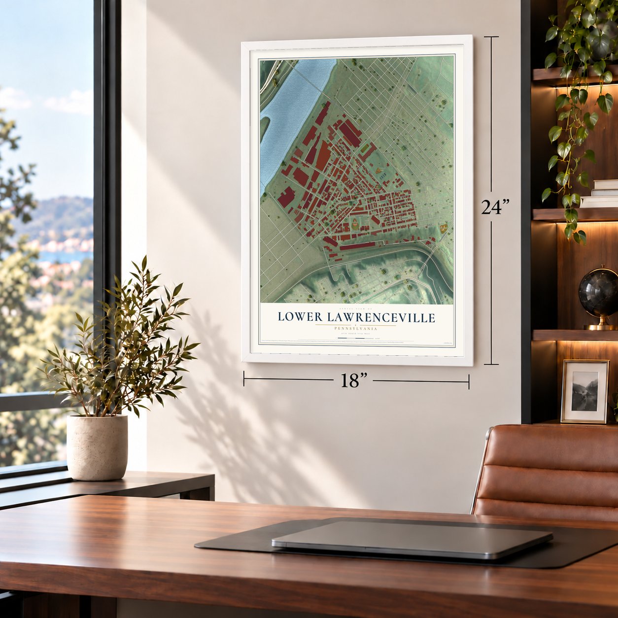 Lower Lawrenceville, Pennsylvania map, 18 x 24 inch print in a white frame in a home office
