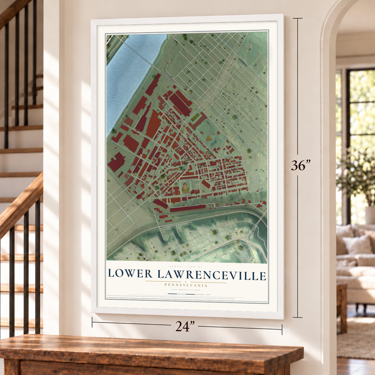 Lower Lawrenceville, Pennsylvania map, 24 x 36 inch print in a white frame by a staircase