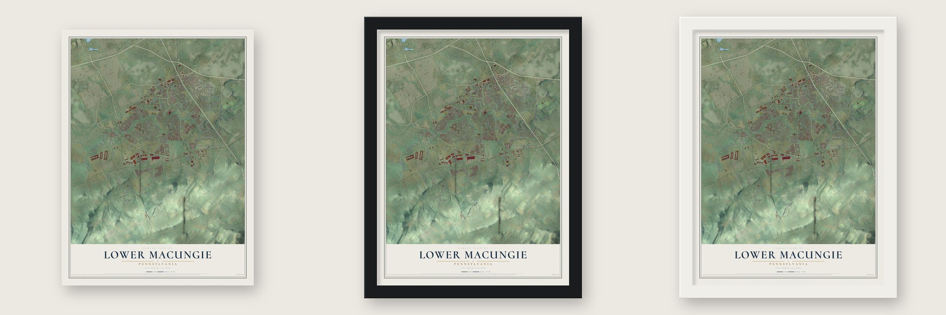 Lower Macungie, Pennsylvania map unframed, in a black wood frame and in a white wood frame