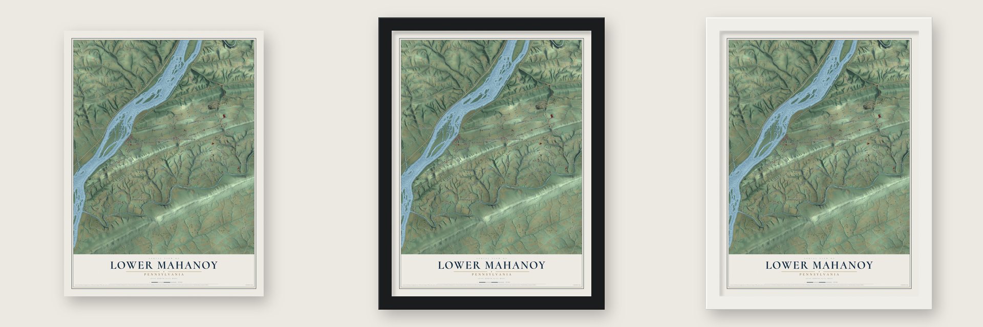 Lower Mahanoy, Pennsylvania map unframed, in a black wood frame and in a white wood frame