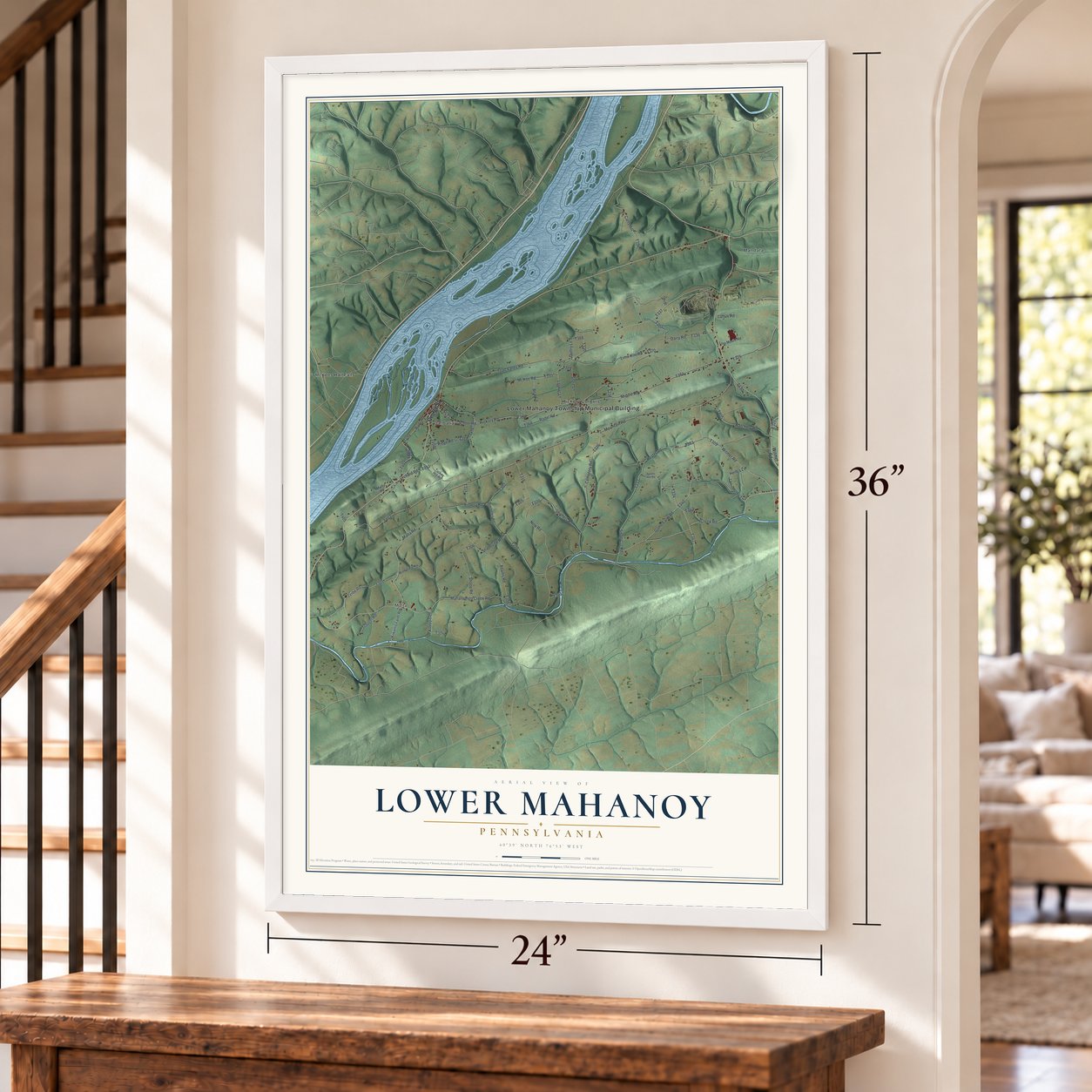 Lower Mahanoy, Pennsylvania map, 24 x 36 inch print in a white frame by a staircase