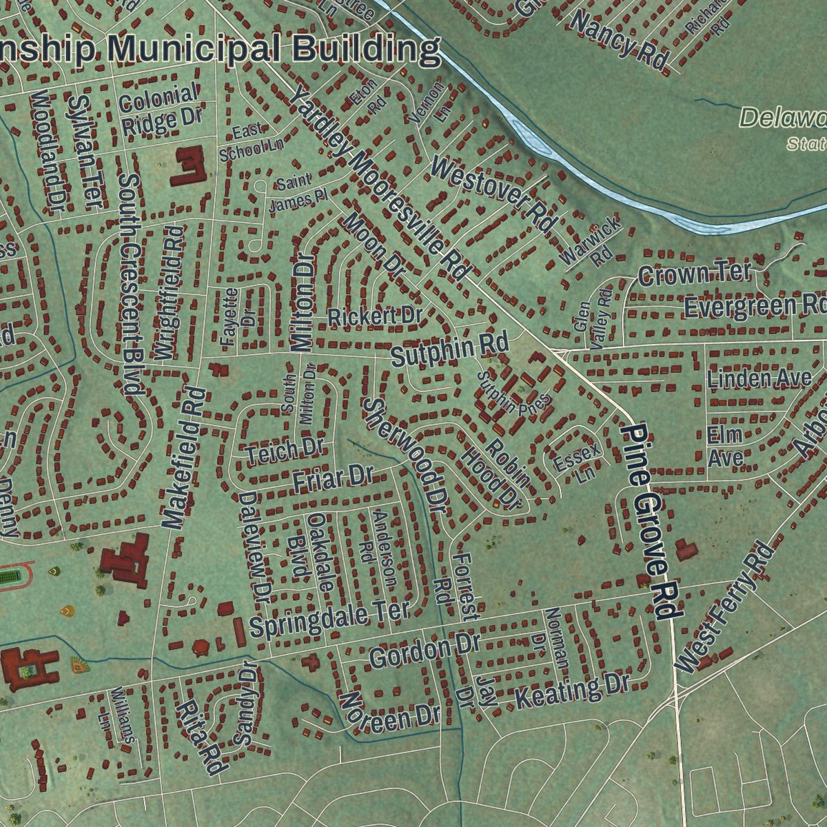 Second close-up of the map of Lower Makefield, Pennsylvania print showing more streets and buildings