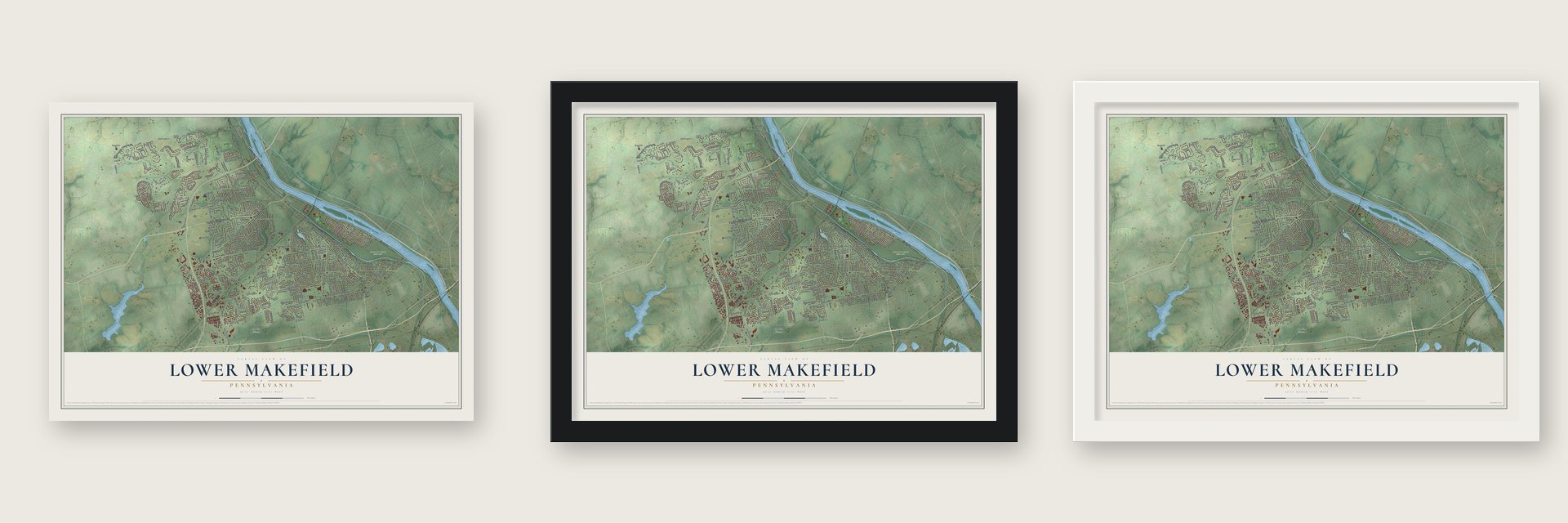 Lower Makefield, Pennsylvania map unframed, in a black wood frame and in a white wood frame