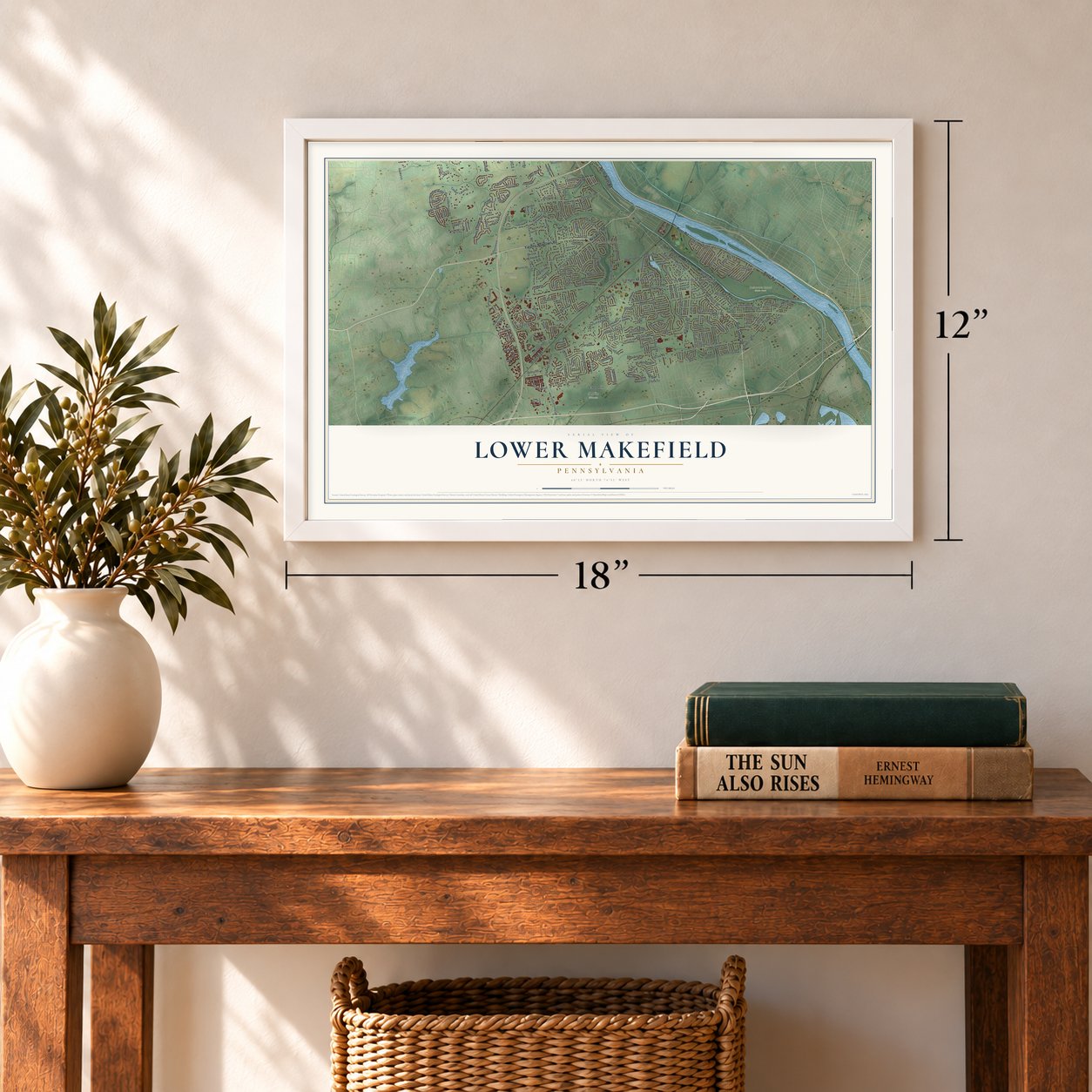 Lower Makefield, Pennsylvania map, 12 x 18 inch print in a white frame in an entryway