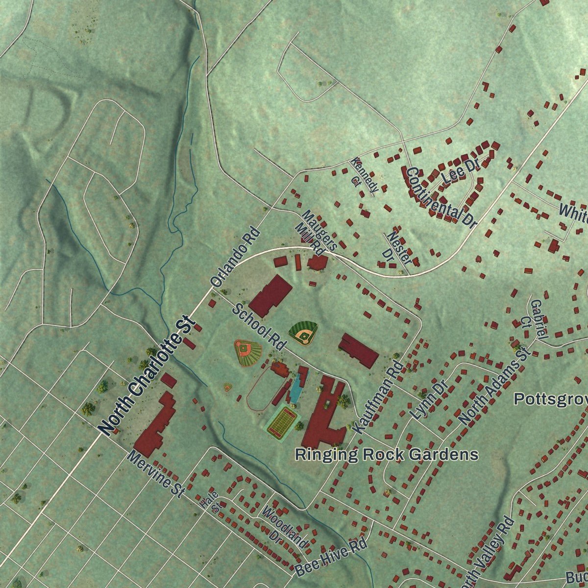 Second close-up of the map of Lower Pottsgrove, Pennsylvania print showing more streets and buildings
