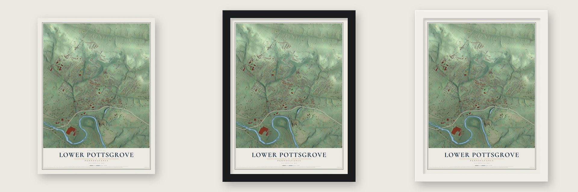 Lower Pottsgrove, Pennsylvania map unframed, in a black wood frame and in a white wood frame