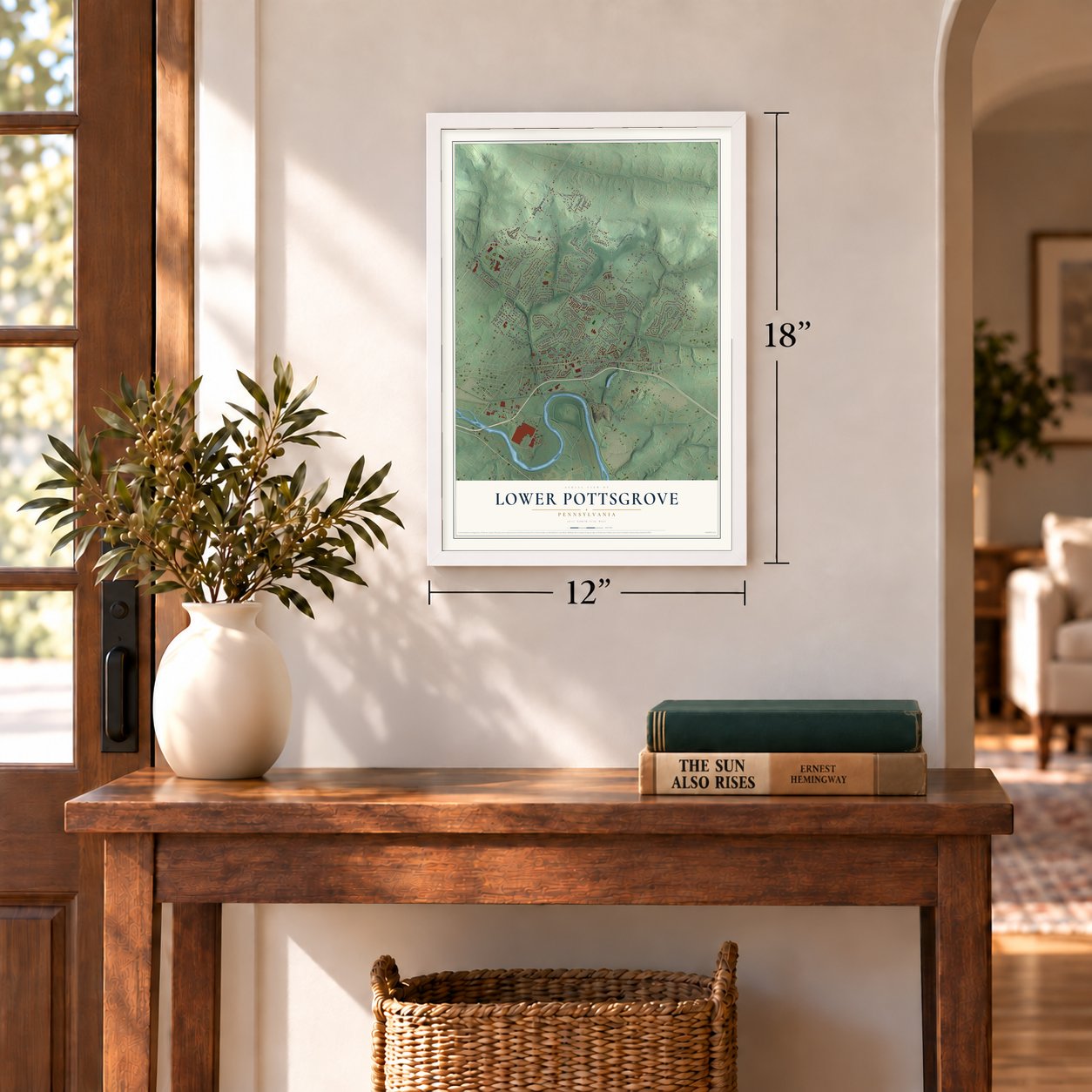 Lower Pottsgrove, Pennsylvania map, 12 x 18 inch print in a white frame in an entryway