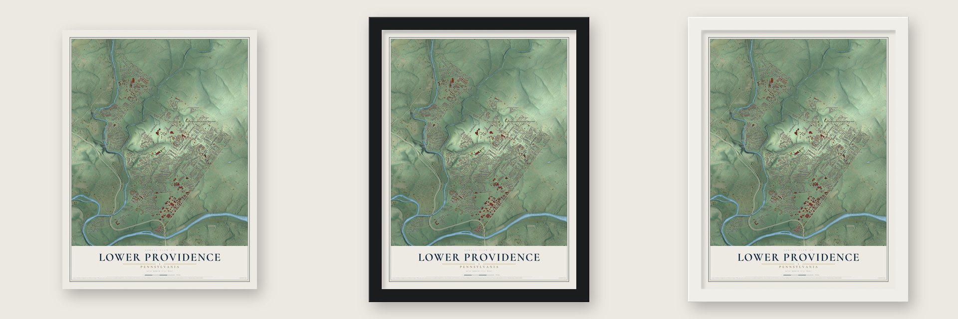 Lower Providence, Pennsylvania map unframed, in a black wood frame and in a white wood frame