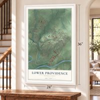 Lower Providence, Pennsylvania map, 24 x 36 inch print in a white frame by a staircase