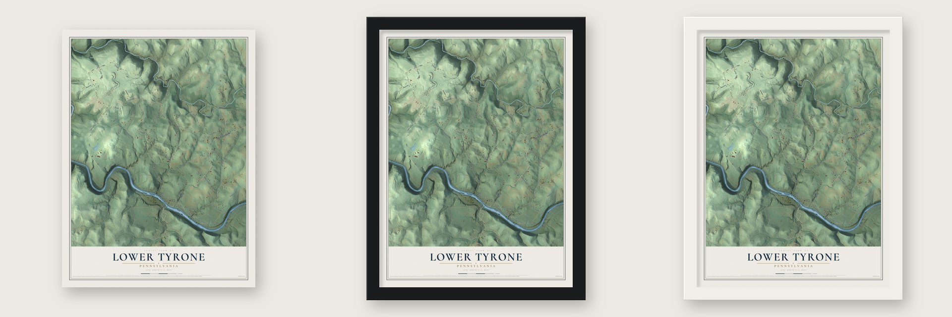 Lower Tyrone, Pennsylvania map unframed, in a black wood frame and in a white wood frame