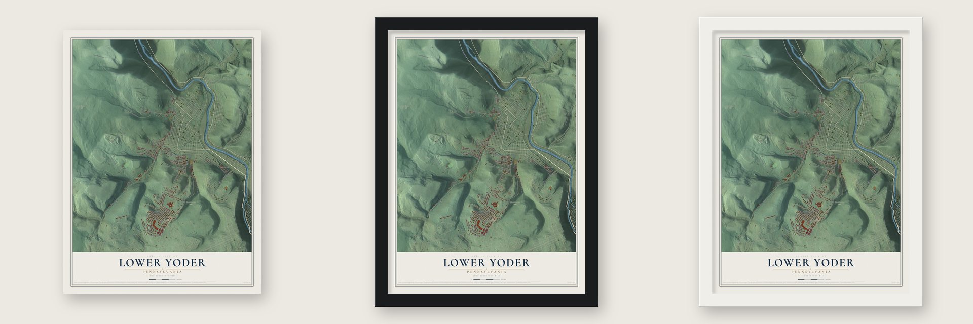 Lower Yoder, Pennsylvania map unframed, in a black wood frame and in a white wood frame