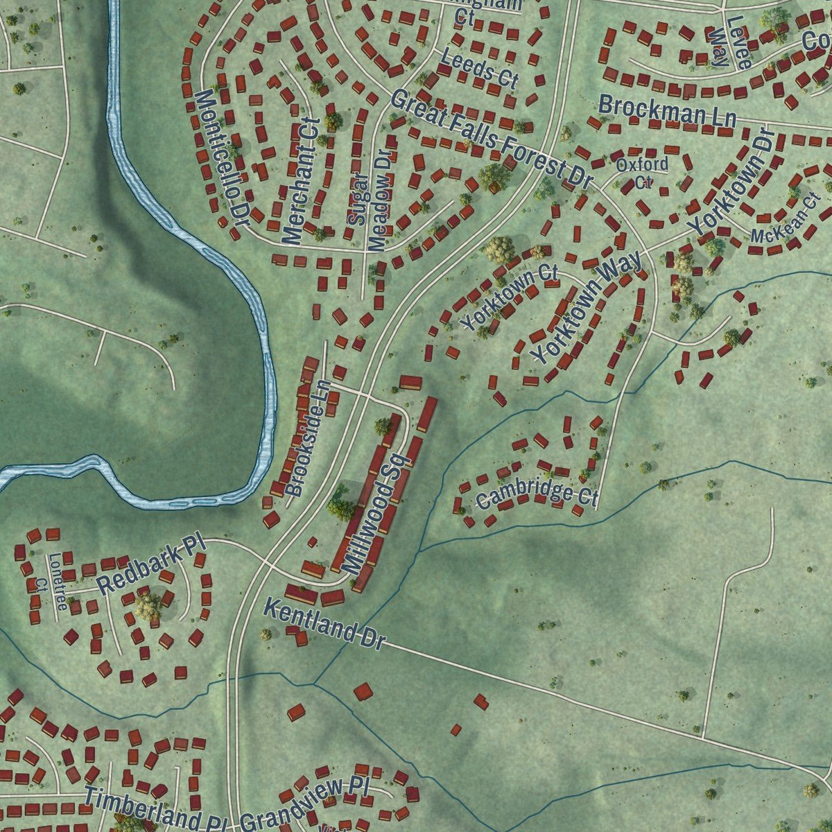 Second close-up of the map of Lowes Island, Virginia print showing more streets and buildings