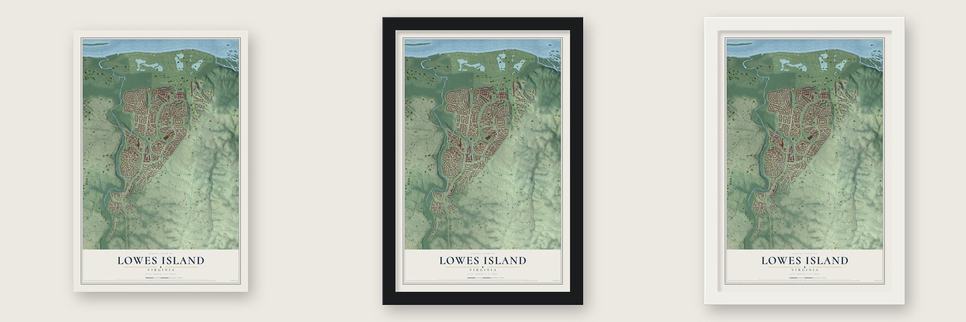 Lowes Island, Virginia map unframed, in a black wood frame and in a white wood frame
