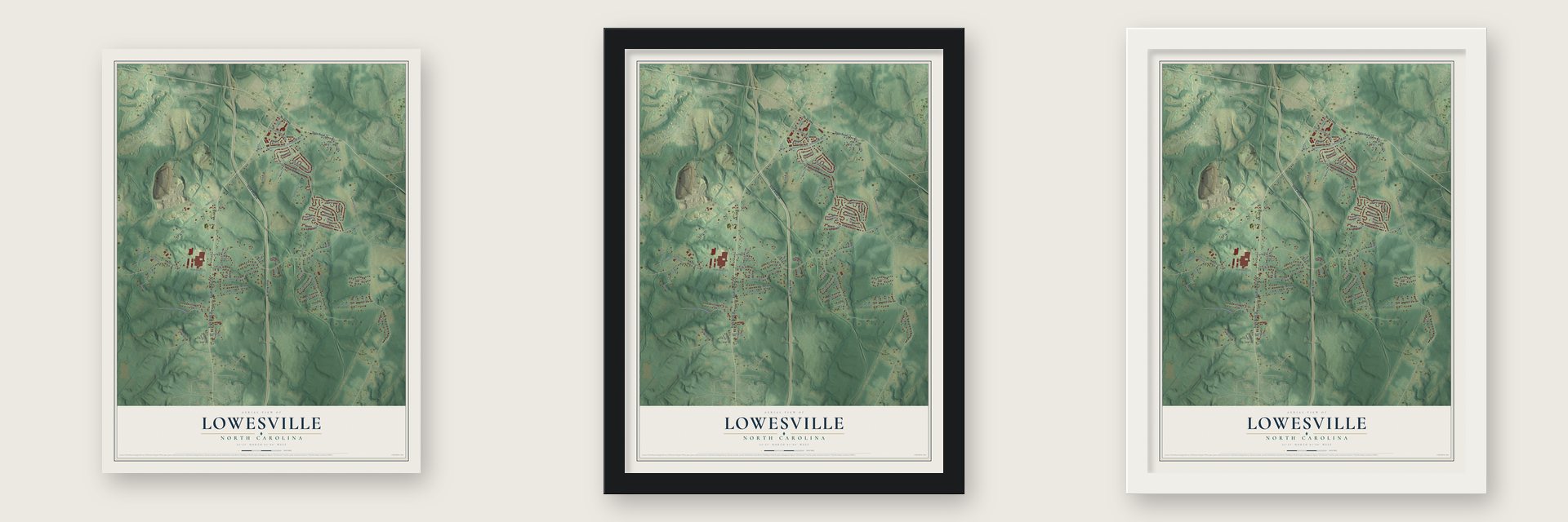 Lowesville, North Carolina map unframed, in a black wood frame and in a white wood frame