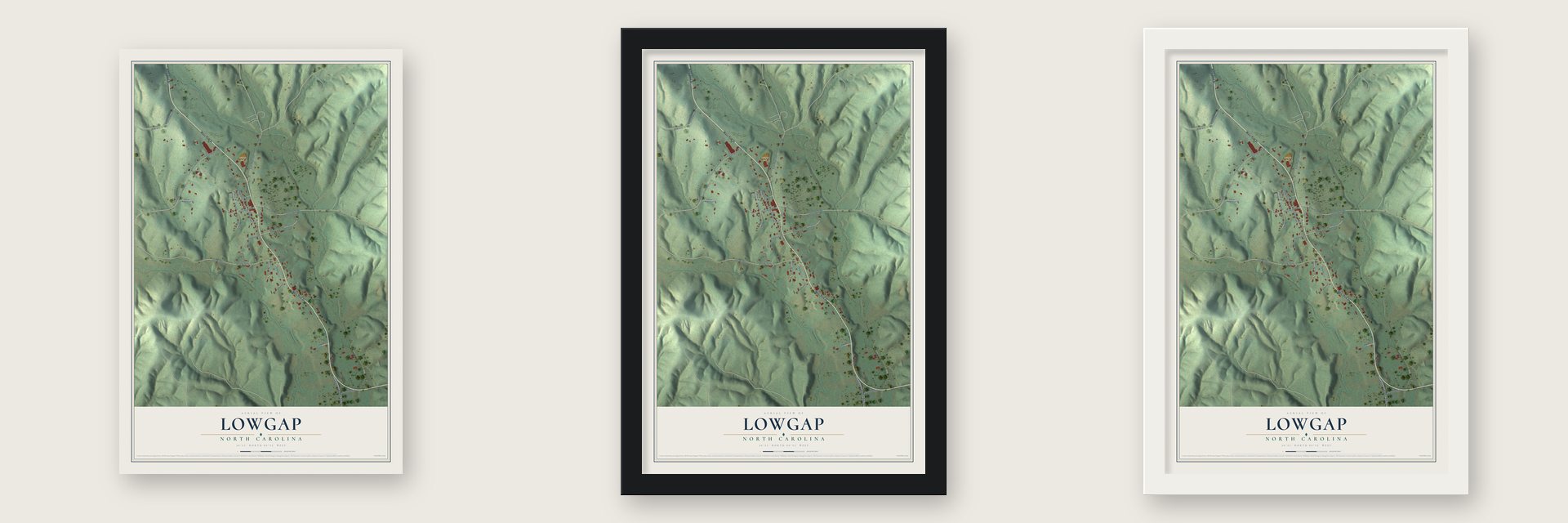 Lowgap, North Carolina map unframed, in a black wood frame and in a white wood frame