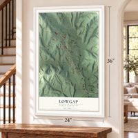 Lowgap, North Carolina map, 24 x 36 inch print in a white frame by a staircase
