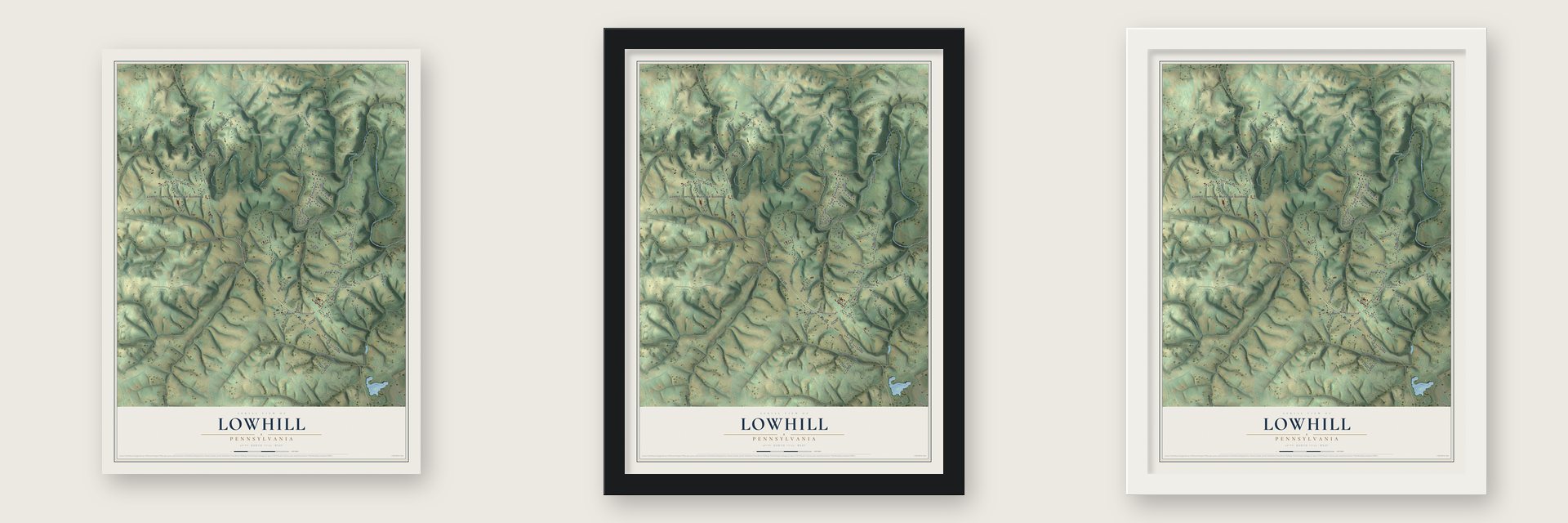 Lowhill, Pennsylvania map unframed, in a black wood frame and in a white wood frame