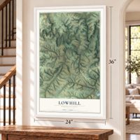 Lowhill, Pennsylvania map, 24 x 36 inch print in a white frame by a staircase