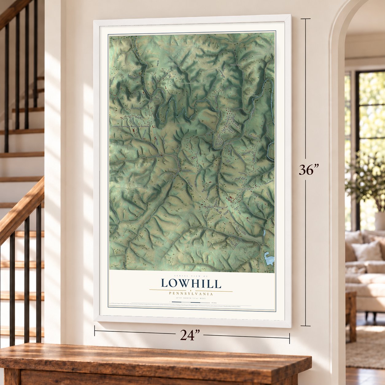 Lowhill, Pennsylvania map, 24 x 36 inch print in a white frame by a staircase