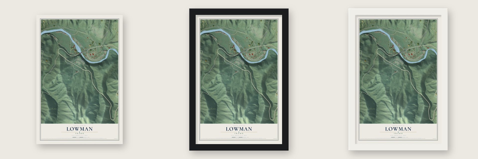 Lowman, Idaho map unframed, in a black wood frame and in a white wood frame