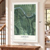 Lowman, Idaho map, 24 x 36 inch print in a white frame by a staircase