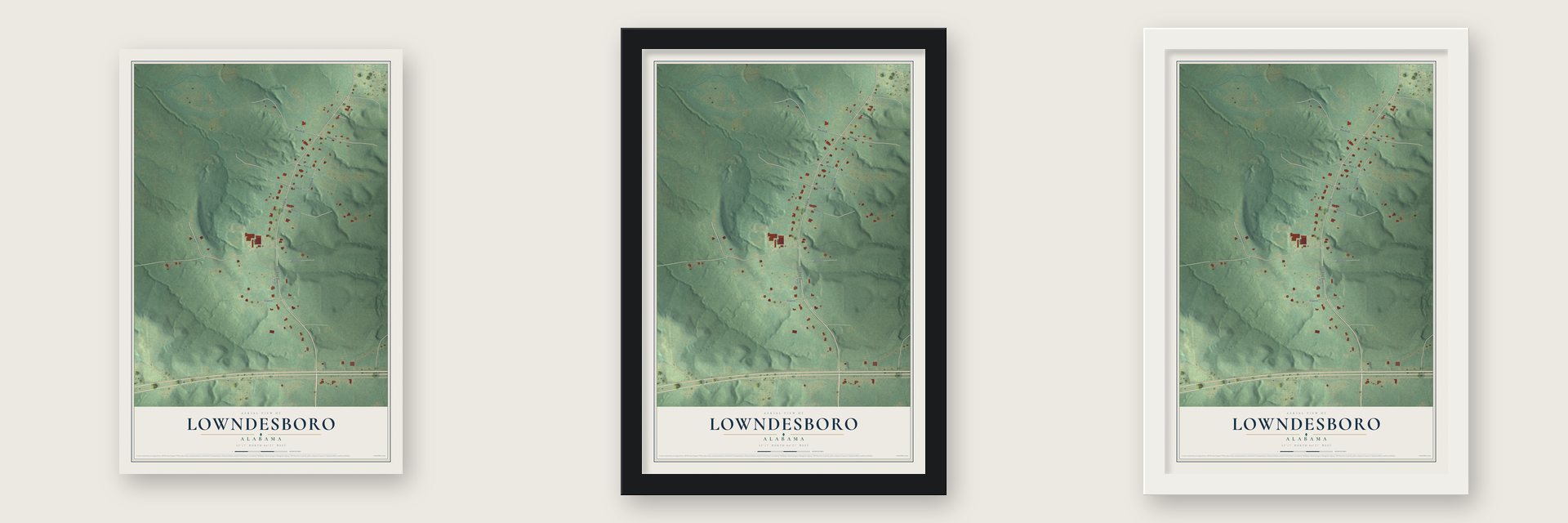 Lowndesboro, Alabama map unframed, in a black wood frame and in a white wood frame