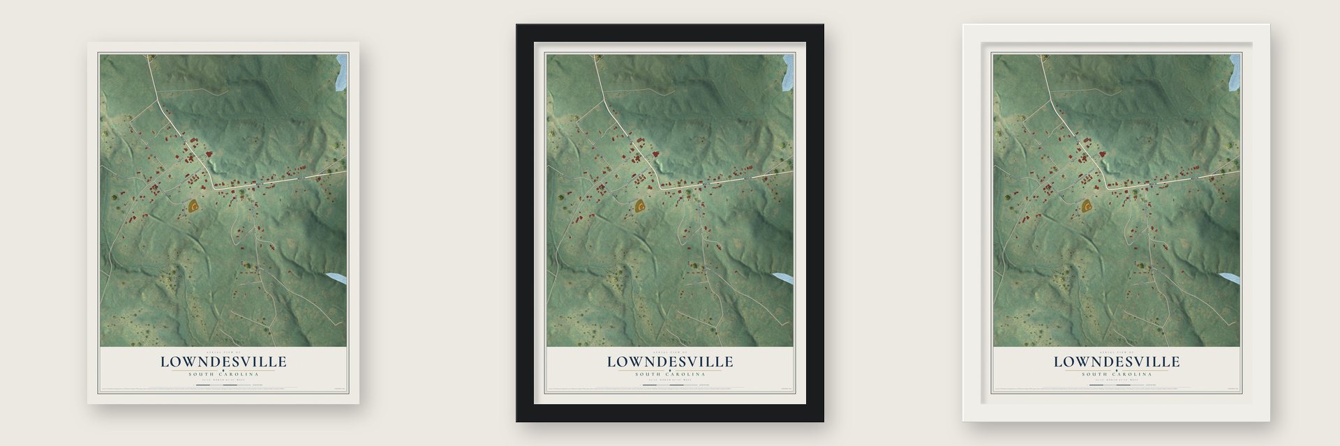 Lowndesville, South Carolina map unframed, in a black wood frame and in a white wood frame