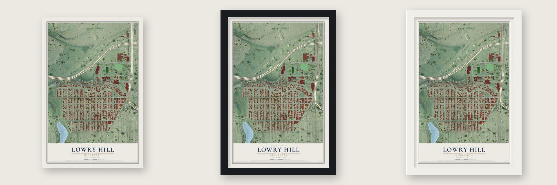 Lowry Hill, Minnesota map unframed, in a black wood frame and in a white wood frame