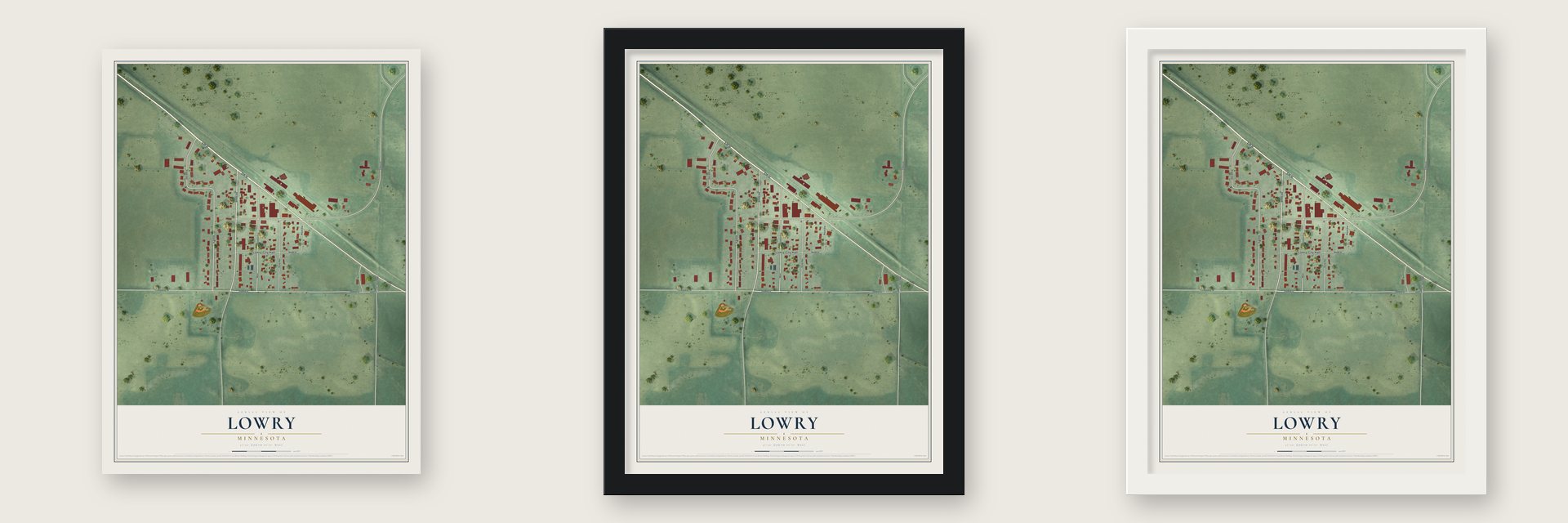 Lowry, Minnesota map unframed, in a black wood frame and in a white wood frame