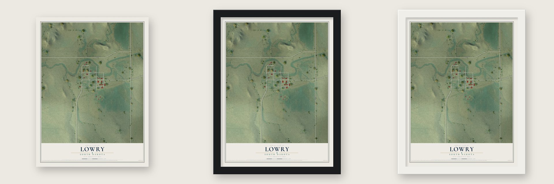 Lowry, South Dakota map unframed, in a black wood frame and in a white wood frame
