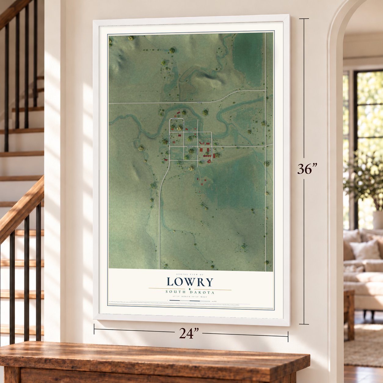 Lowry, South Dakota map, 24 x 36 inch print in a white frame by a staircase