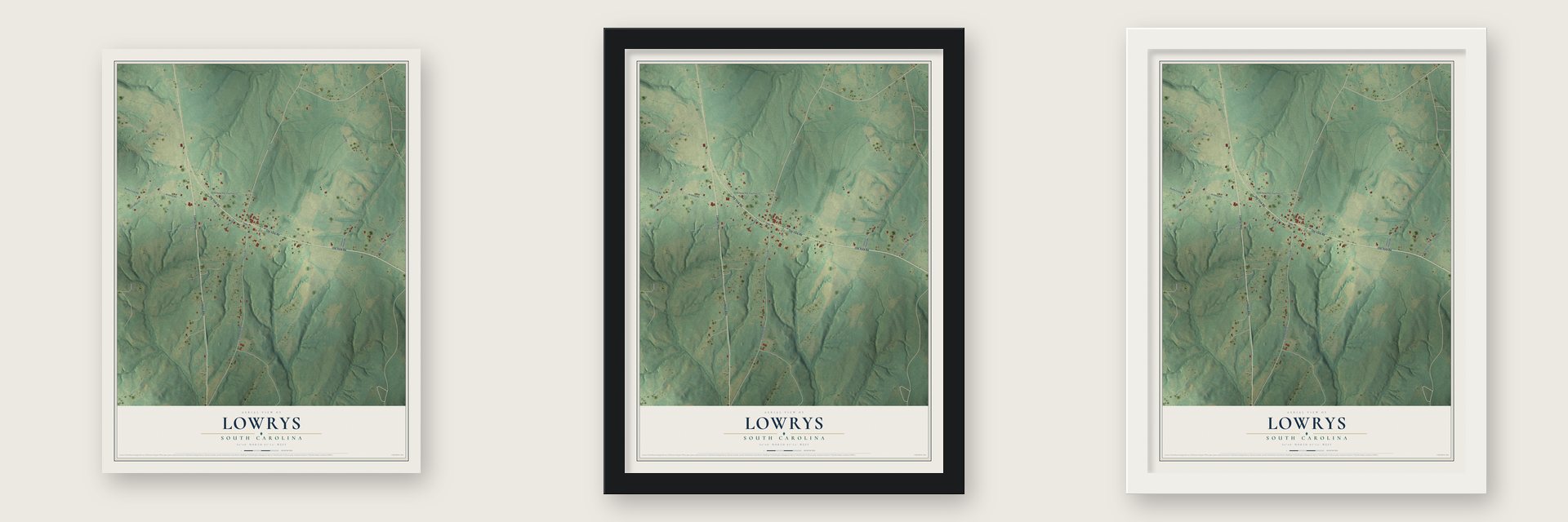 Lowrys, South Carolina map unframed, in a black wood frame and in a white wood frame