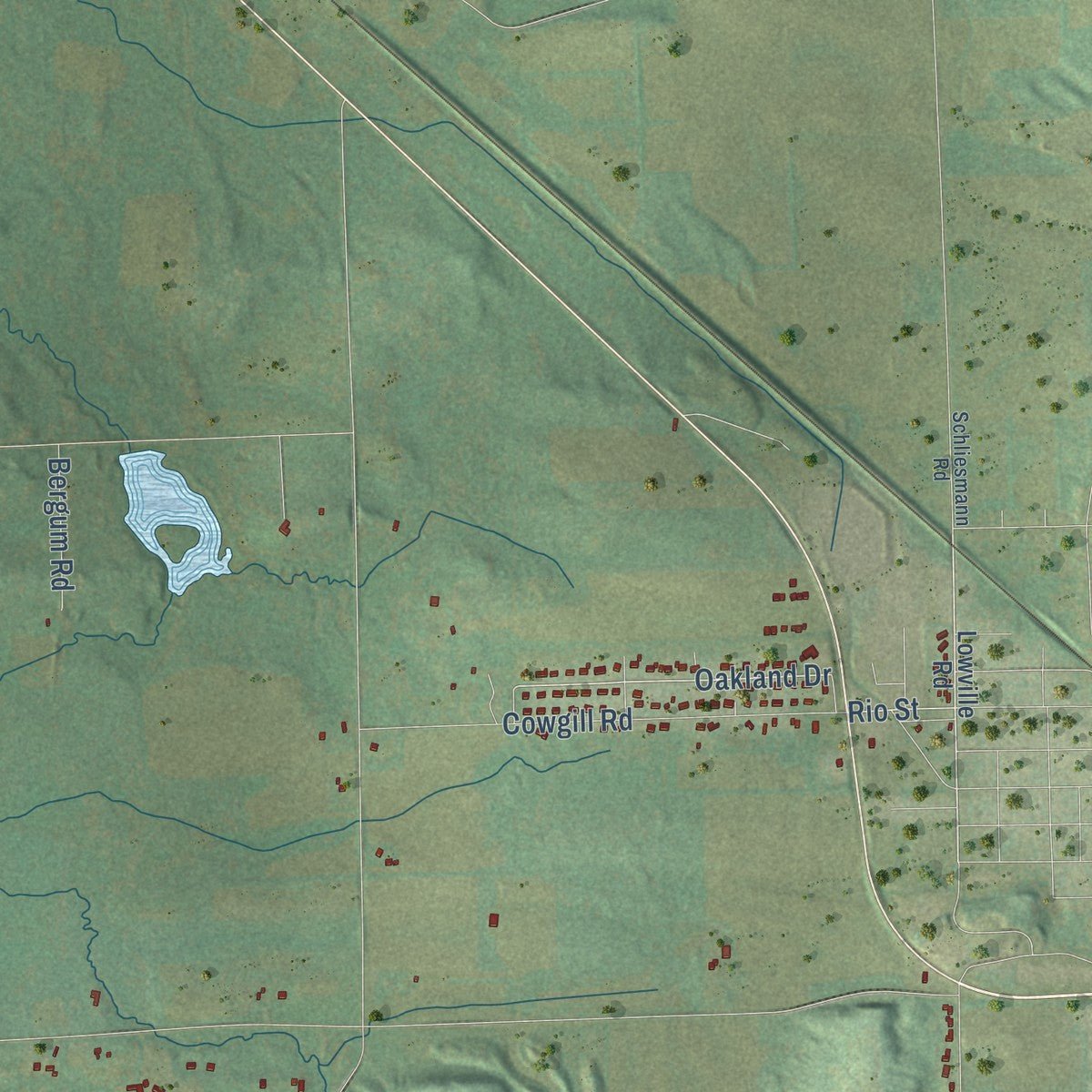 Second close-up of the map of Lowville, Wisconsin print showing more streets and buildings