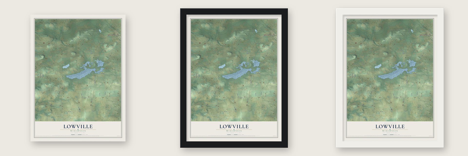 Lowville, Wisconsin map unframed, in a black wood frame and in a white wood frame