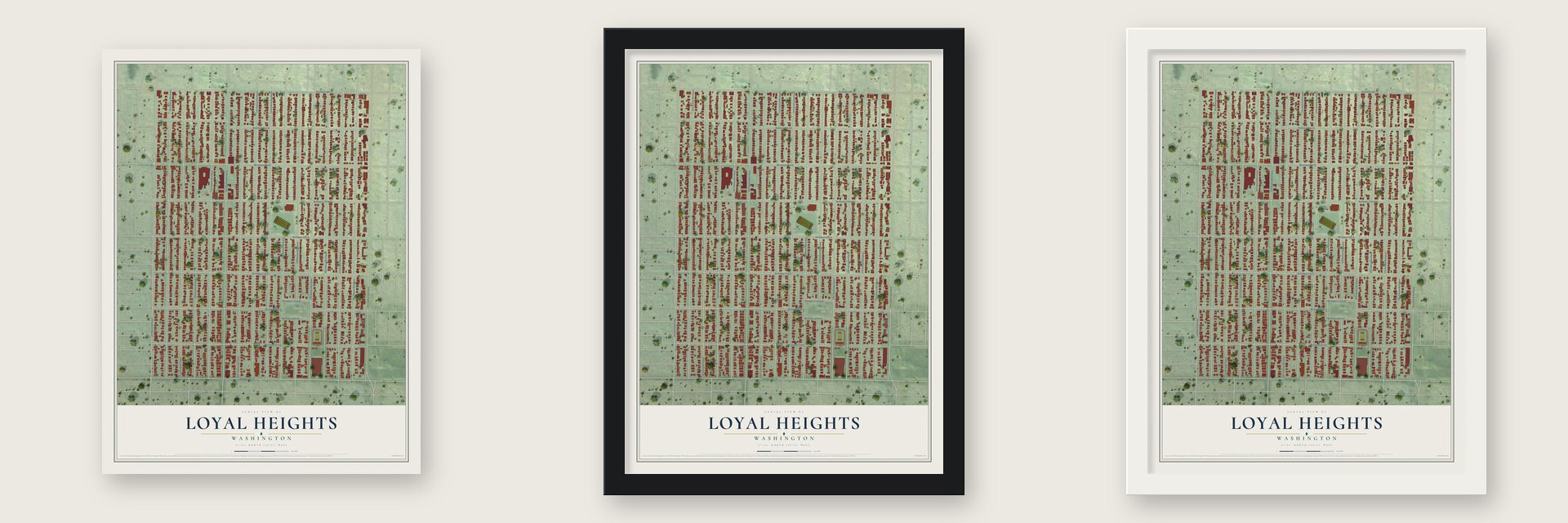 Loyal Heights, Washington map unframed, in a black wood frame and in a white wood frame