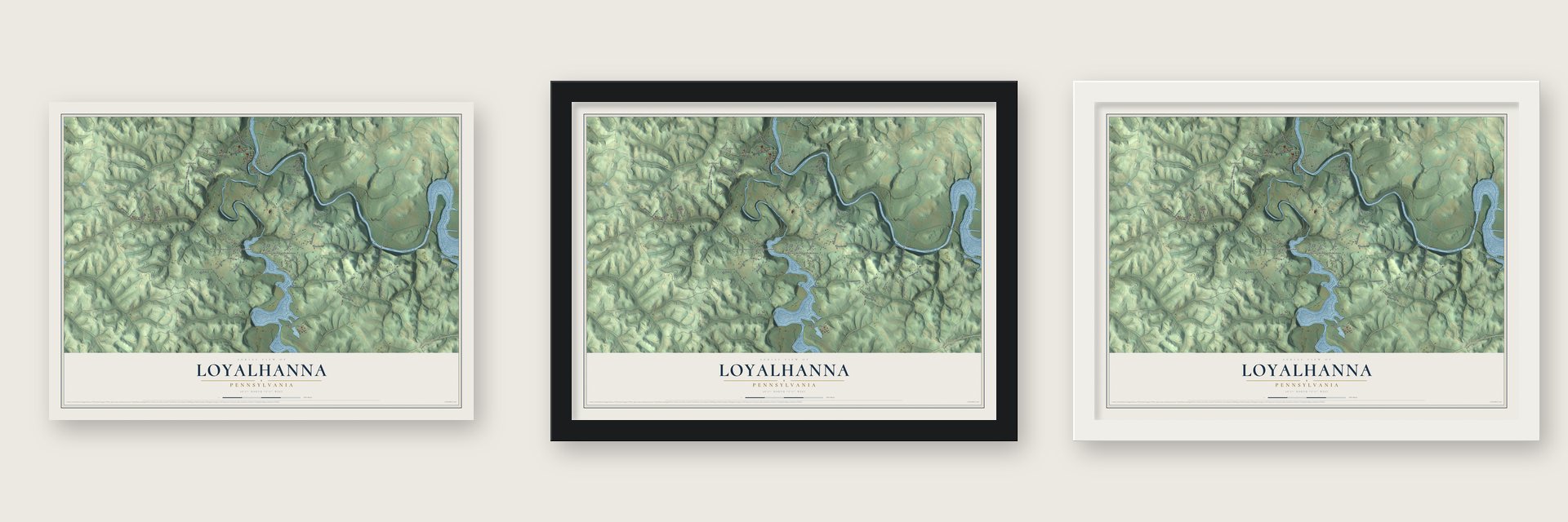 Loyalhanna, Pennsylvania map unframed, in a black wood frame and in a white wood frame