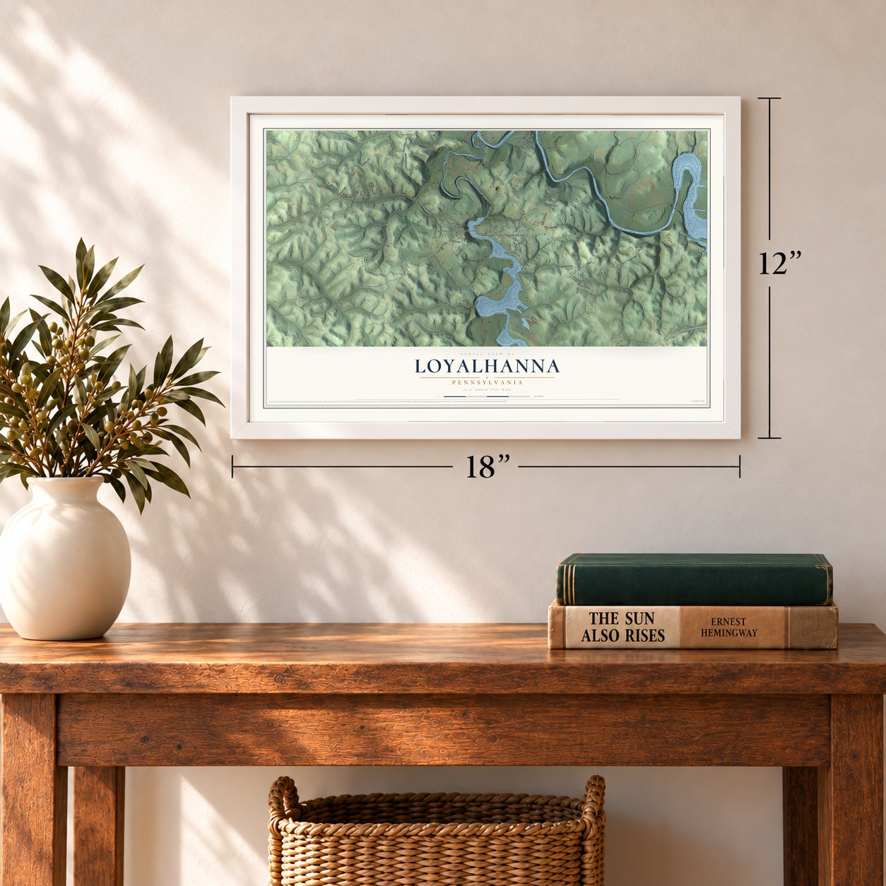 Loyalhanna, Pennsylvania map, 12 x 18 inch print in a white frame in an entryway
