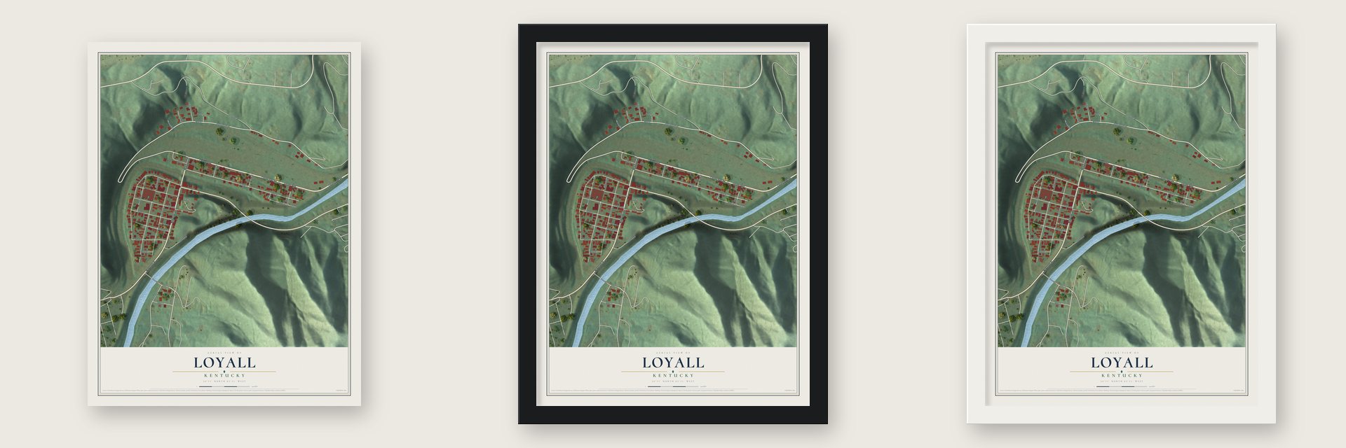 Loyall, Kentucky map unframed, in a black wood frame and in a white wood frame