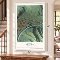 Loyall, Kentucky map, 24 x 36 inch print in a white frame by a staircase