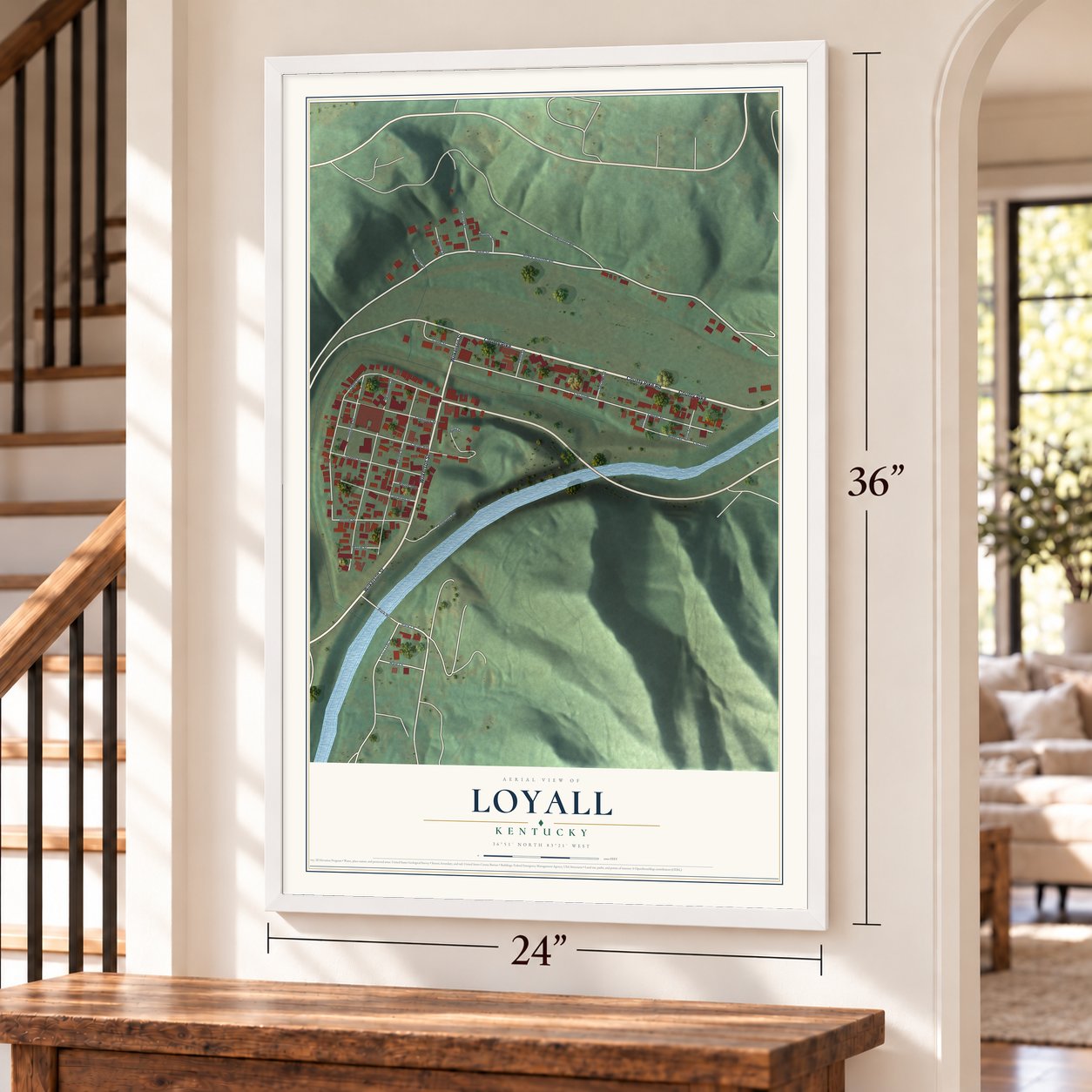 Loyall, Kentucky map, 24 x 36 inch print in a white frame by a staircase