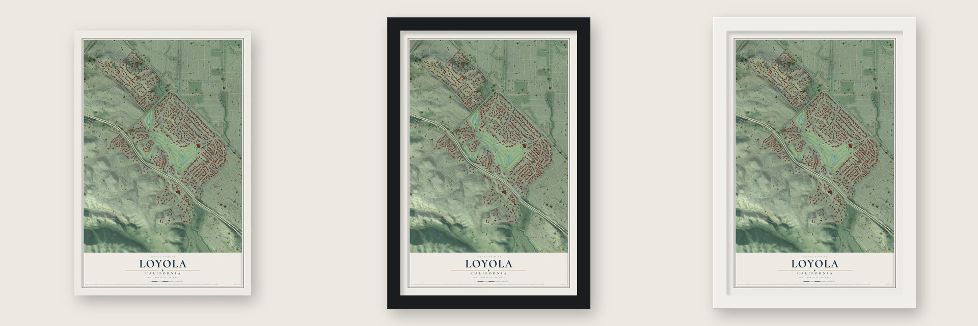Loyola, California map unframed, in a black wood frame and in a white wood frame