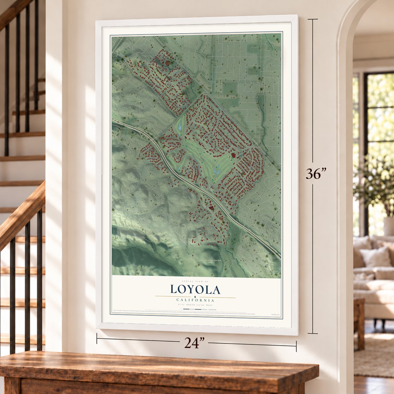 Loyola, California map, 24 x 36 inch print in a white frame by a staircase