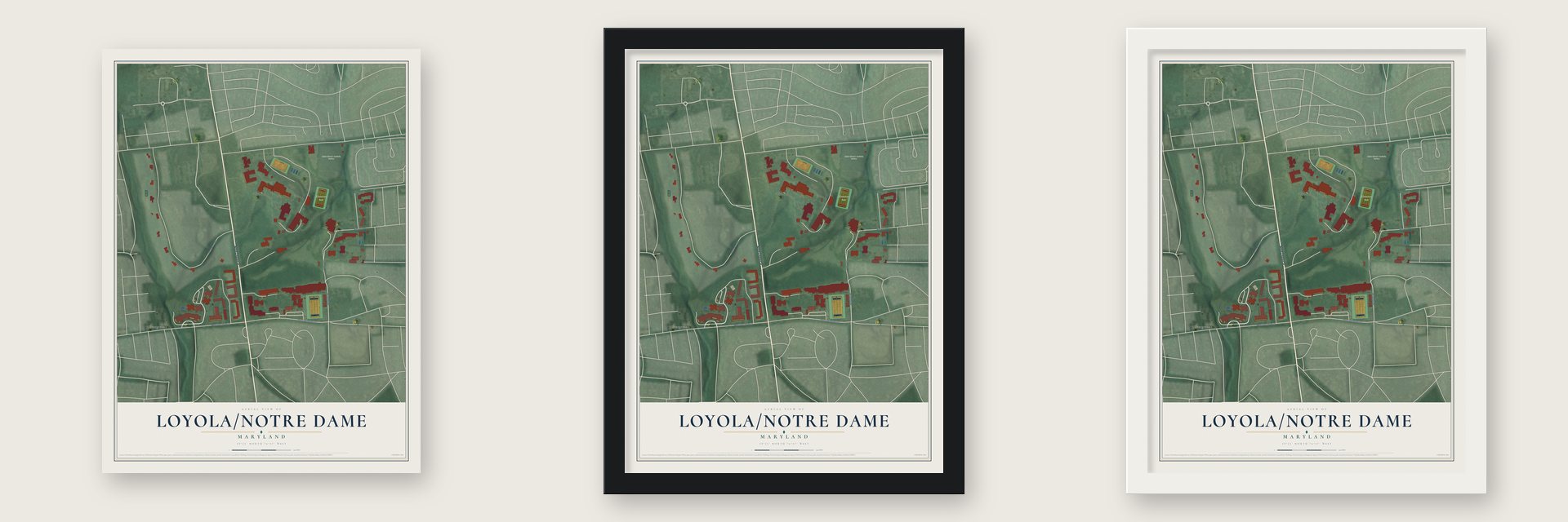 Loyola-Notre Dame, Maryland map unframed, in a black wood frame and in a white wood frame