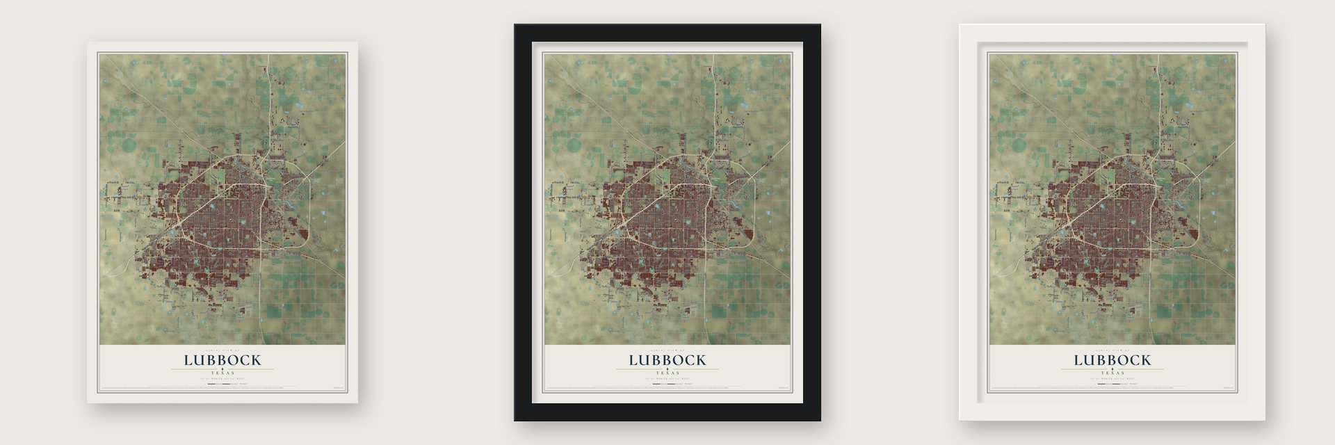 Lubbock, Texas map unframed, in a black wood frame and in a white wood frame