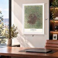 Lubbock, Texas map, 18 x 24 inch print in a white frame in a home office